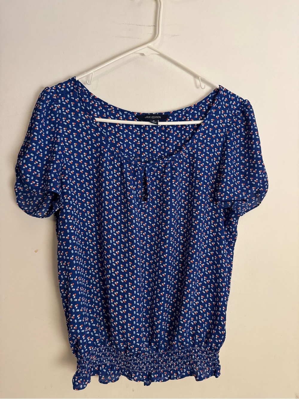 Max Edition Navy Blue Floral Short Sleeve Peplum Hem Blouse